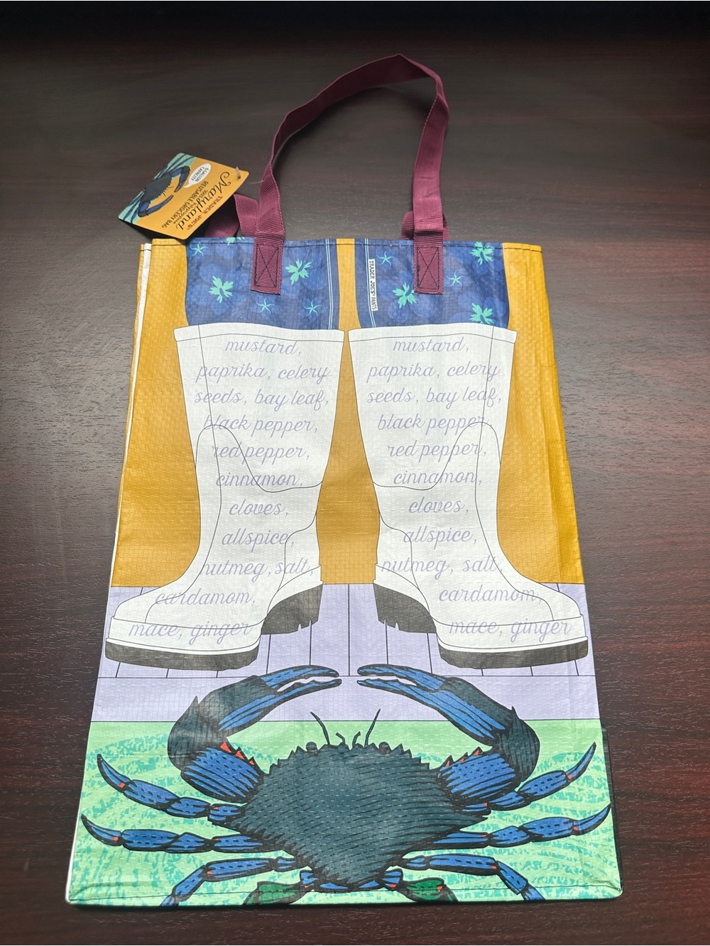 Trader Joe’s Maryland Blue Crab & Boots Reusable Tote Bag with Mustard Accents